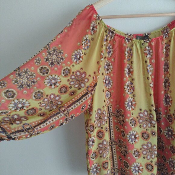 Anthropologie Fei Silk Floral Boho Blouse L Yellow Red Stripe w Floral - Picture 3 of 7